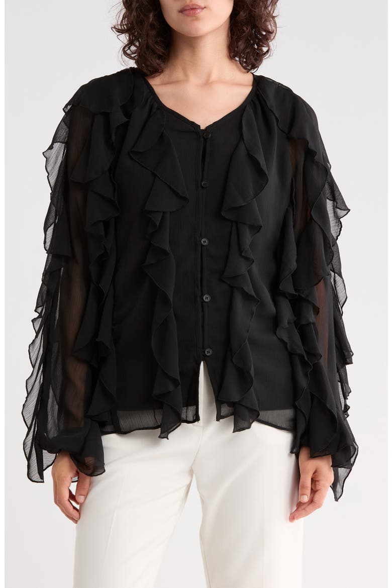 Flyn Ruffle Button-Up Shirt, Main, color, BLACK