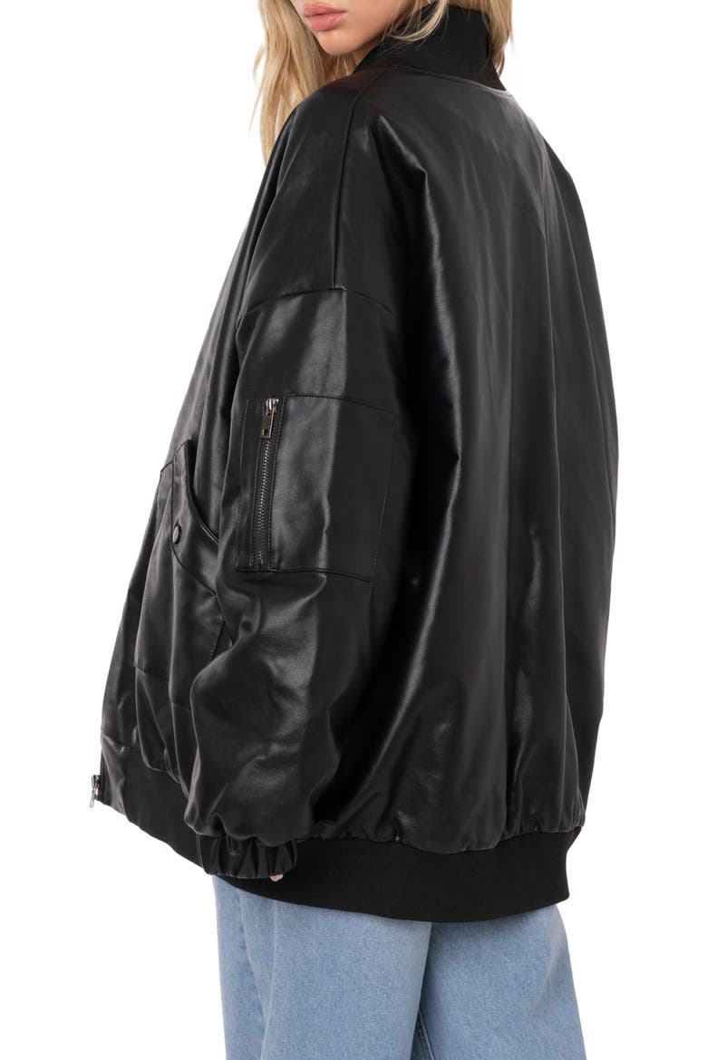 Oversize Faux Leather Bomber Jacket, Alternate, color, BLACK