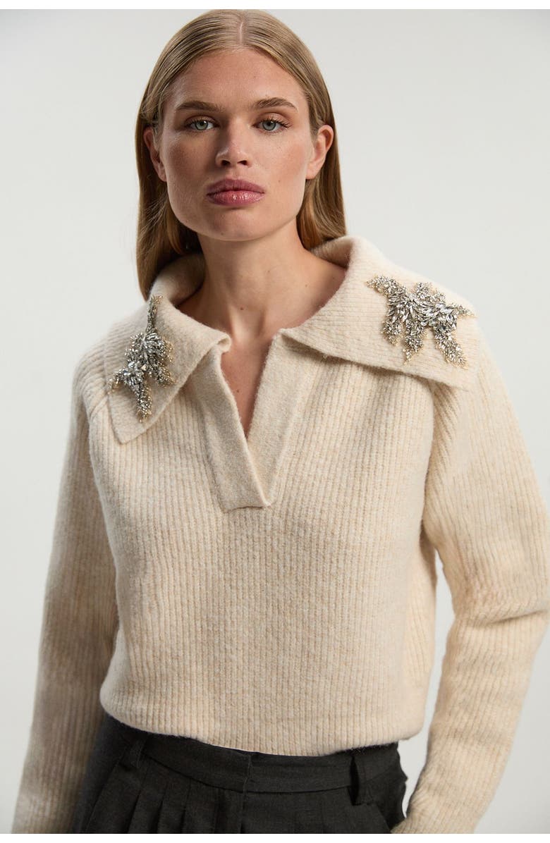Karen Millen Embellished Collar V Neck Knit Sweater, Main, color, Cream
