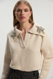 Karen Millen Embellished Collar V Neck Knit Sweater