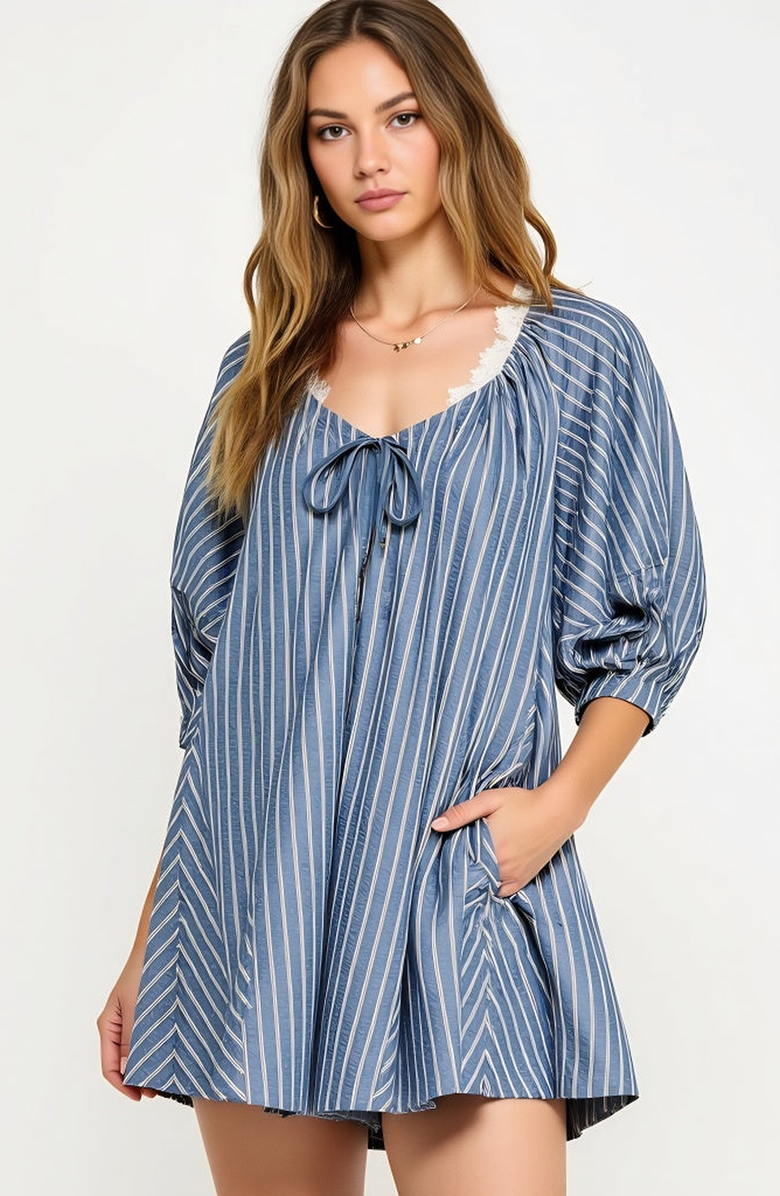 Modenaire Striped V-Neck Romper with 3/4 Sleeves and Front Tie Detail, Alternate, color, Blue Striped
