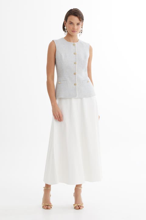 Blue Piped-Detail Vest Skirt Set