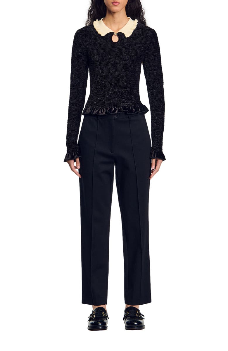 SANDRO Smocked top with contrasting neck, Main, color, 