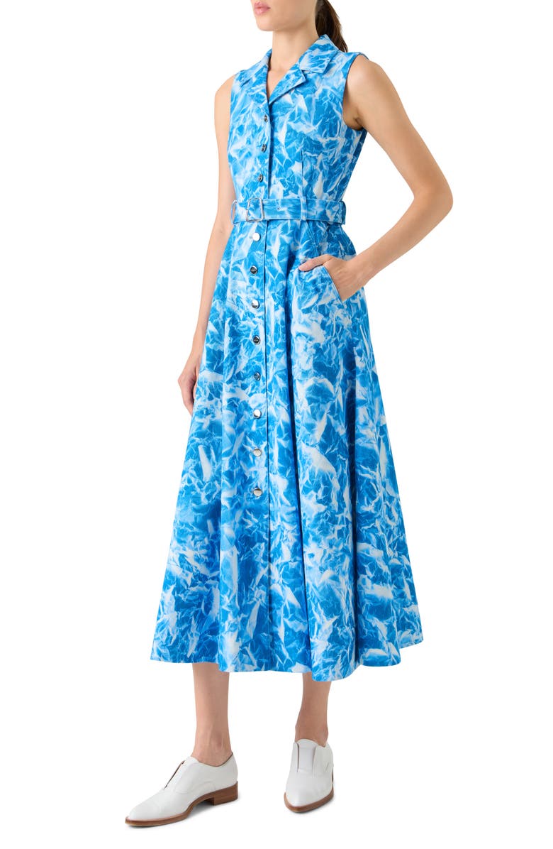 Akris Whitecaps Belted Godet Denim Shirtdress, Alternate, color, Twilight-Ecru