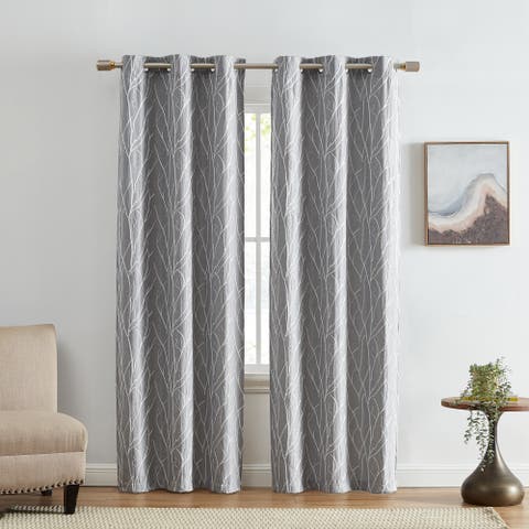 Sterling Branch Motif Embroidered Blackout Window Curtain Panel, Set Of 2