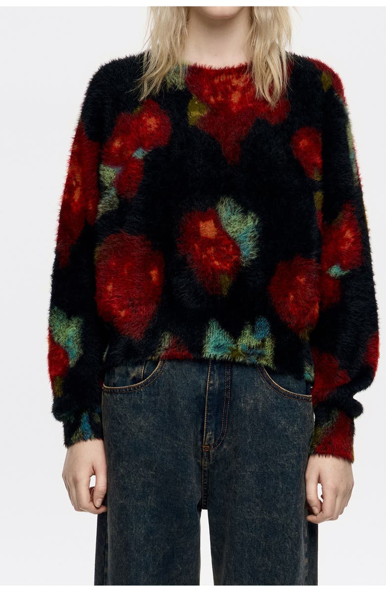 Bimba y Lola Ribbon Roses Fur Balloon Sweater, Main, color, Ribbon Roses Black
