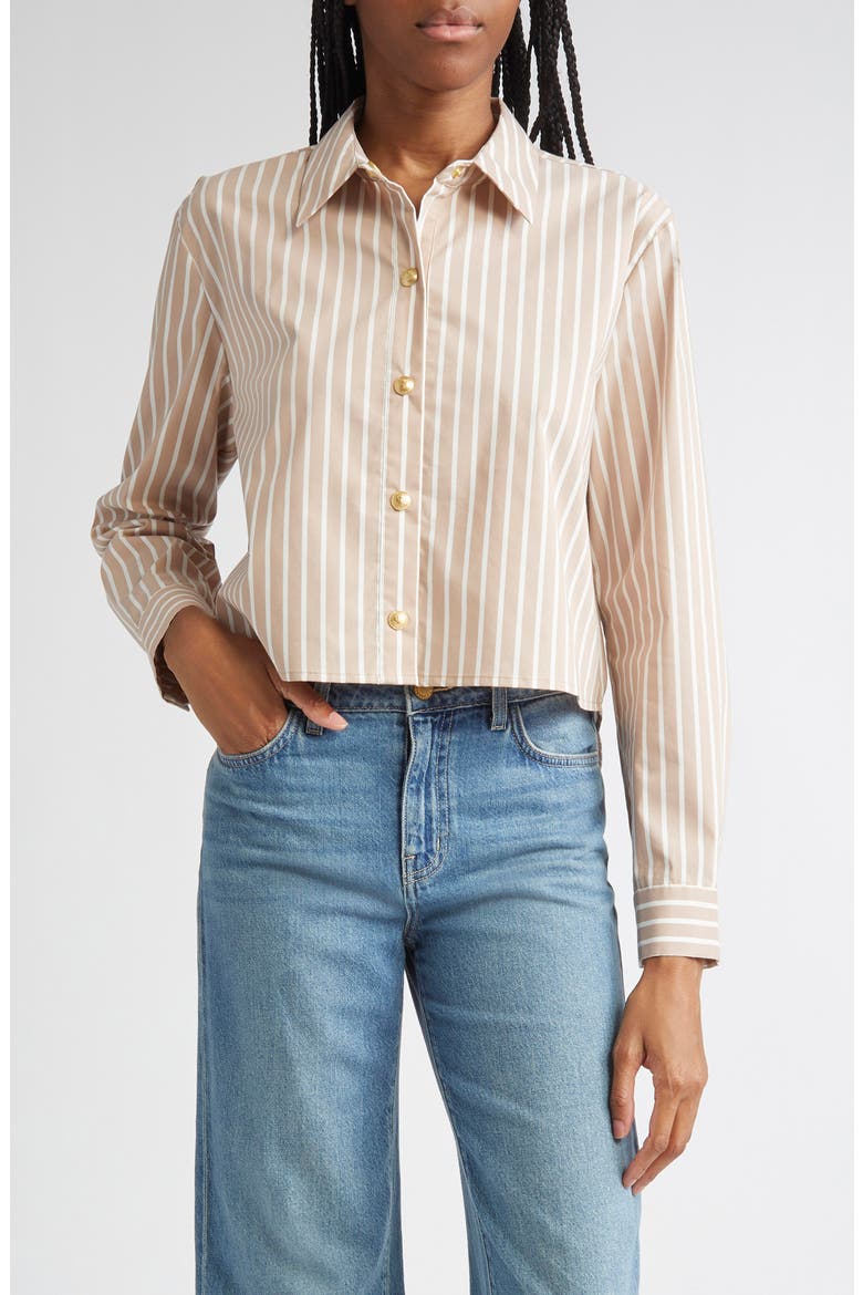 Cosette Stripe High-Low Crop Snap-Up Shirt, Main, color, CAPPUCCINO/ IVORY STRIPE