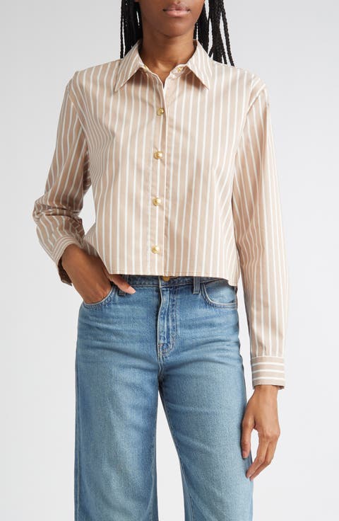 Cosette Stripe High-Low Crop Snap-Up Shirt
