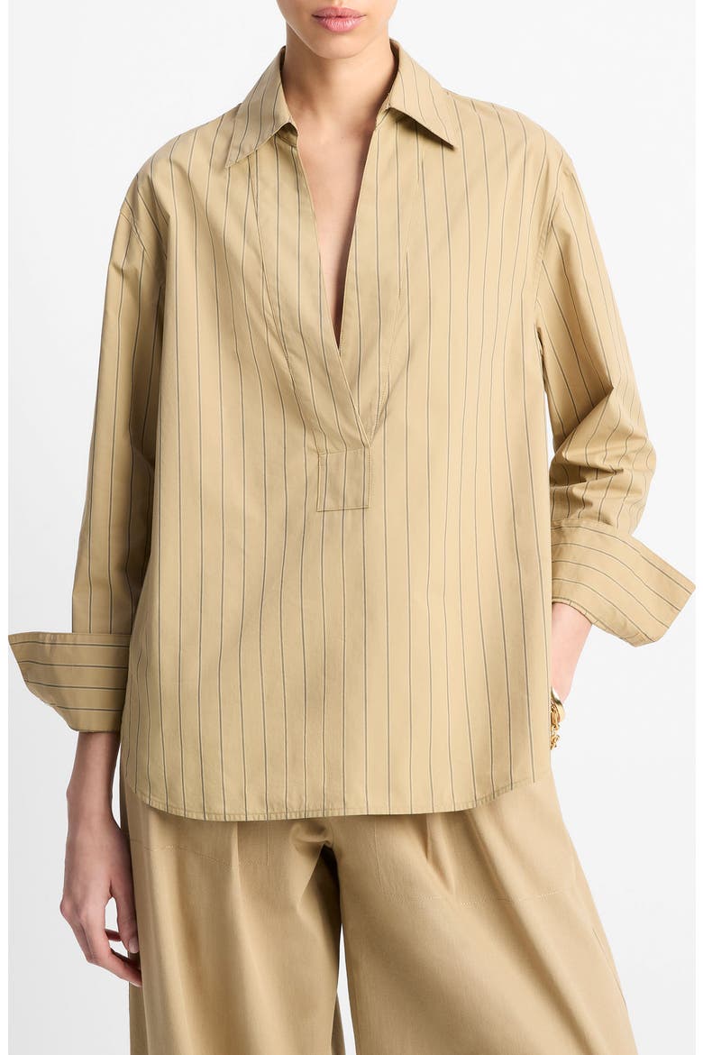 Stripe Relaxed Cotton Popover Shirt, Main, color, SAND SAGE