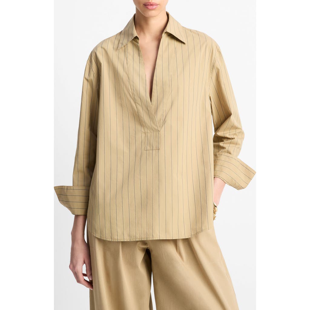 Vince Stripe Relaxed Cotton Popover Shirt In Neutral