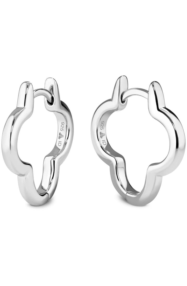 DEVATA Clover Hoop Earrings in Rhodium Plated Sterling Silver, 18mm, Main, color, Silver