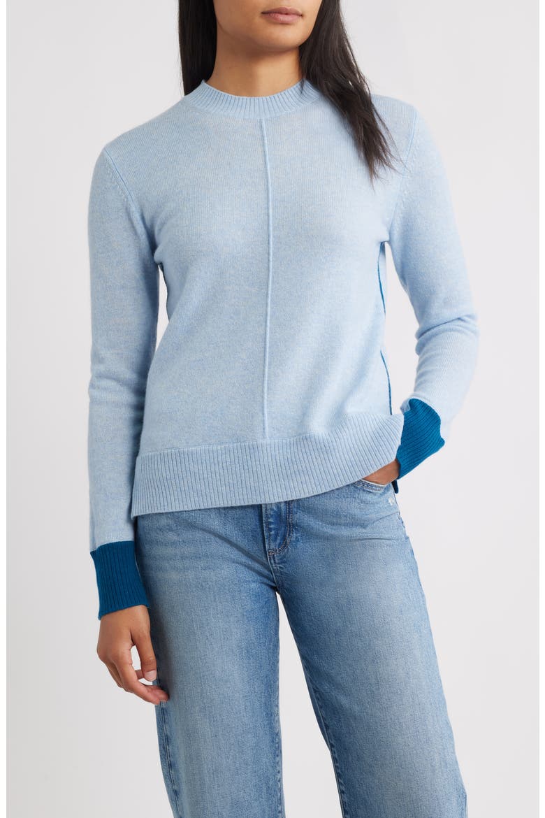 Contrast Trim Wool & Cashmere Crewneck Sweater, Main, color, LIGHT BLUE