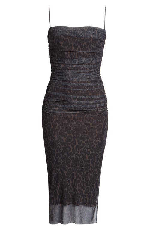 Open Edit Shirred Mesh Midi Dress In Brown- Black Elegant Leopard