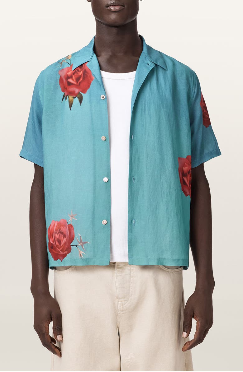 AllSaints Fazed Floral Button-Up Camp Shirt, Main, color, Anker Blue
