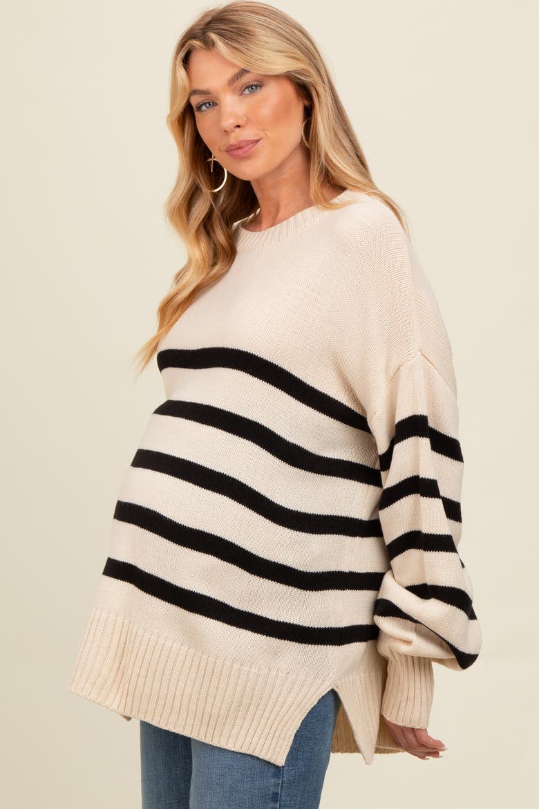Striped Oversized Side Slit Sweater, Alternate, color, Taupe