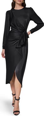 Donna Karan New York Long Sleeve Satin Faux Wrap Dress