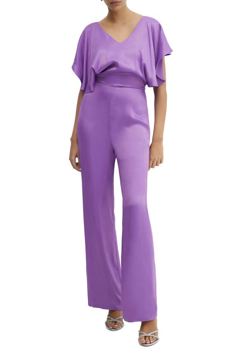 MANGO Ruffle Sleeve Satin Jumpsuit, Main, color, 