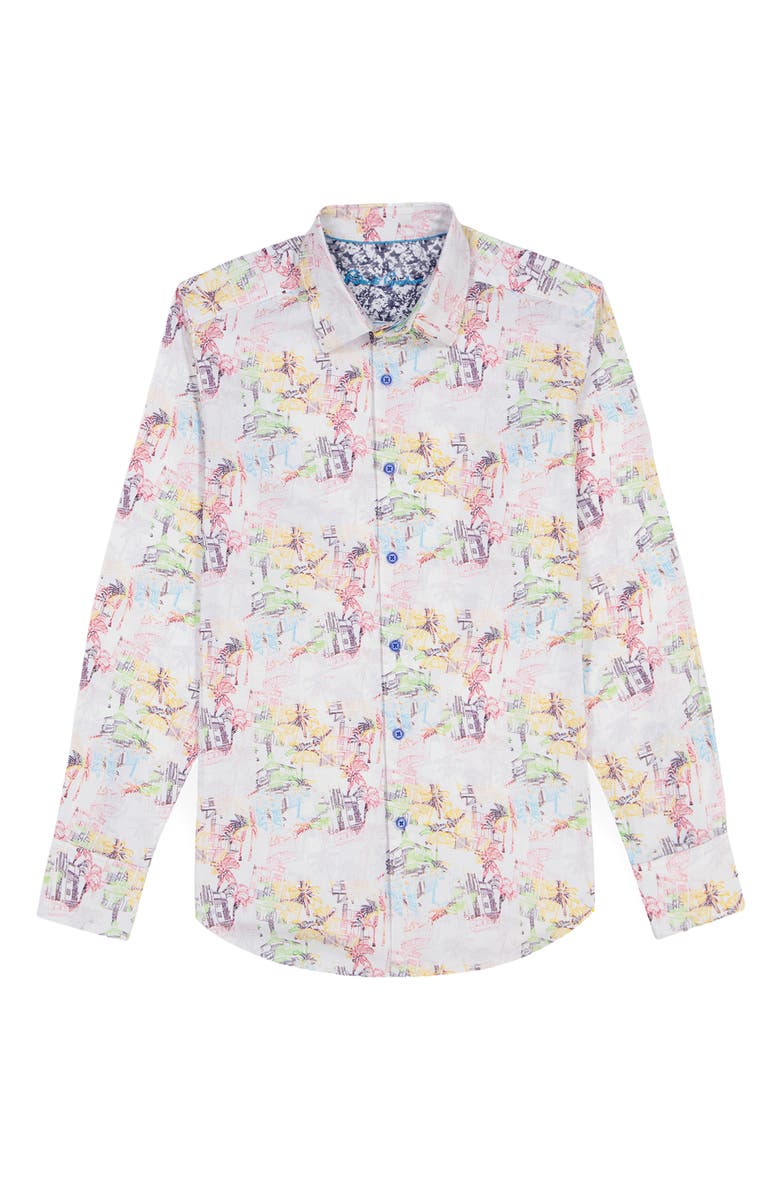 Robert Graham Payson Tropical Villa Print Stretch Cotton Button-Up Shirt, Alternate, color, Multi White