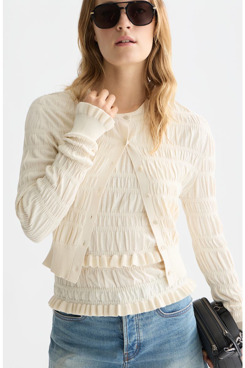 Smocked Crewneck Cardigan, Alternate, color, EGGNOG