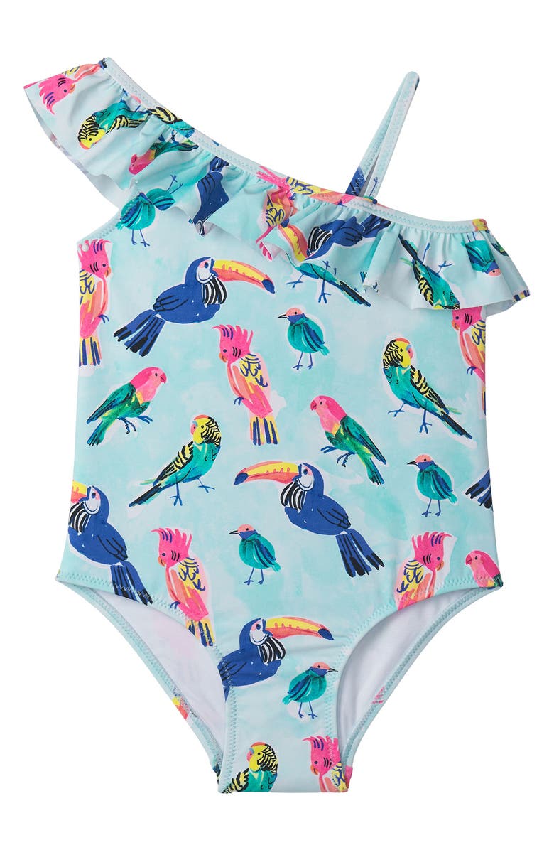 Hatley Kids' Tropical Birds Ruffle One-Shoulder One-Piece Swimsuit, Main, color,