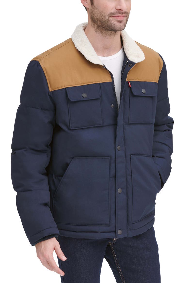 Woodsman High Pile Fleece Puffer Jacket, Alternate, color, NAVY WORKER BROWN YOKE