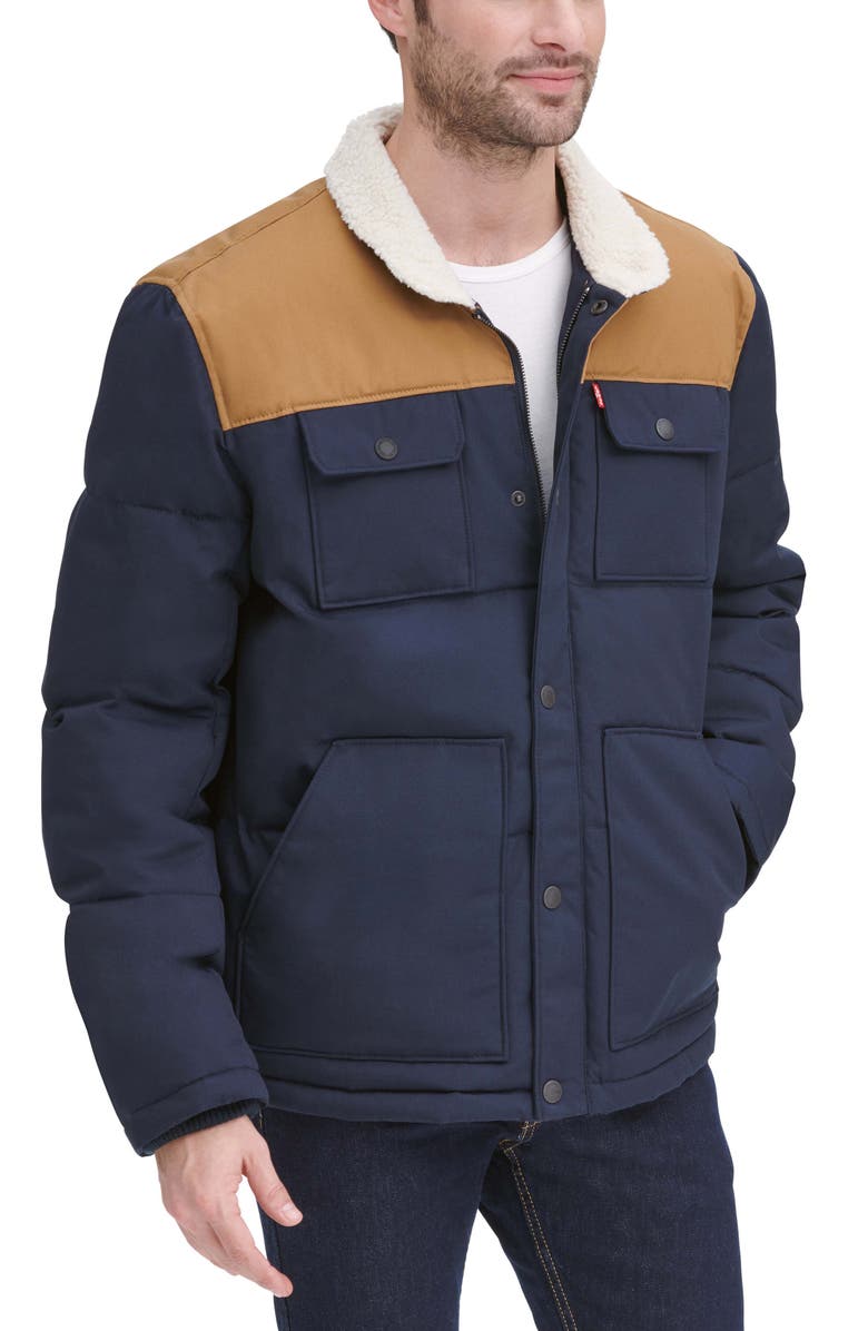 Levi's Woodsman High Pile Fleece Puffer Jacket, Alternate, color, Navy Worker Brown Yoke