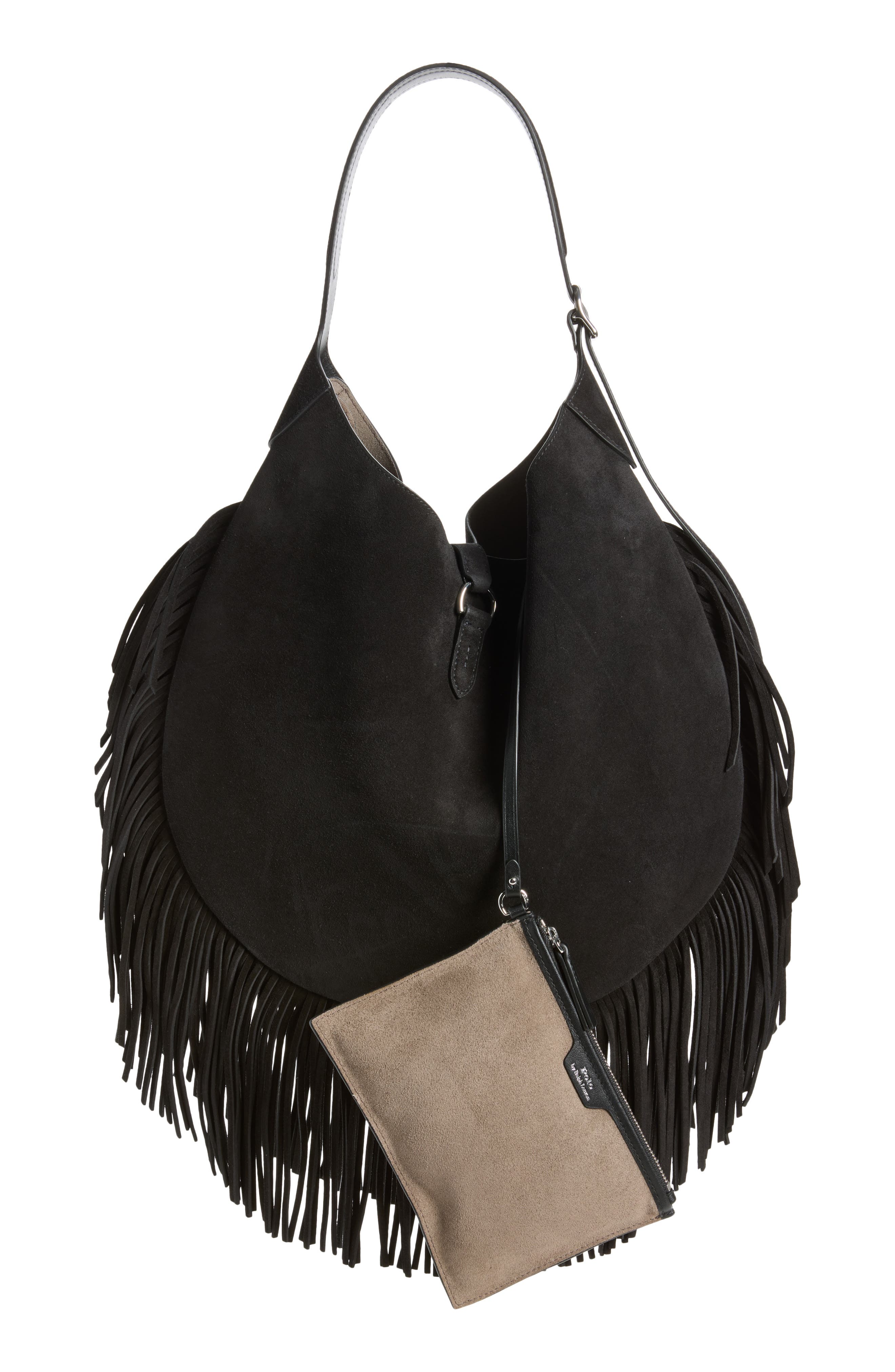 Polo ID Fringe Suede Shoulder Bag, Alternate, color, BLACK