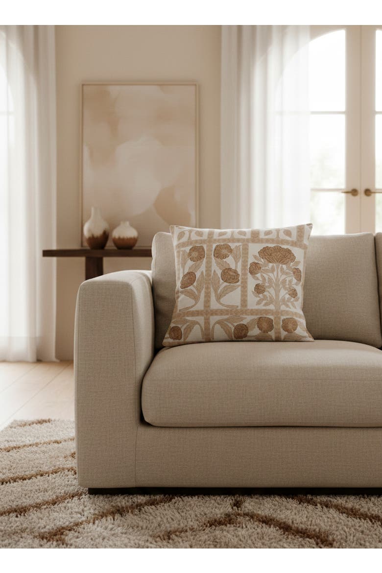 Blossom Field Linen Pillow with Down Insert, Alternate, color, Warm Beige