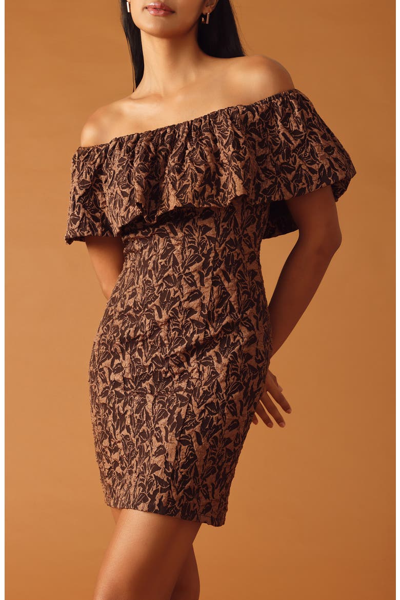 Off the Shoulder Ruffle Short Sleeve Minidress, Alternate, color, BROWN