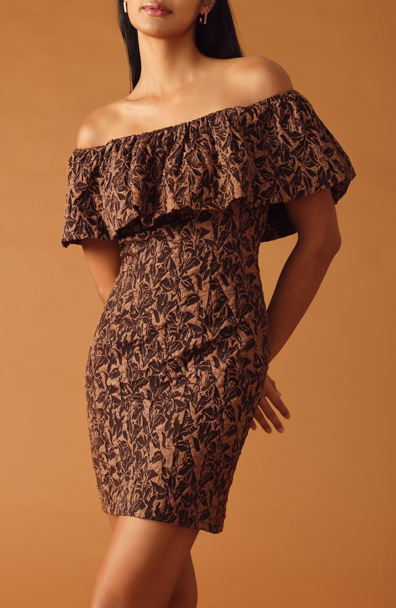 FLYING TOMATO Off the Shoulder Ruffle Short Sleeve Minidress, Alternate, color, Brown