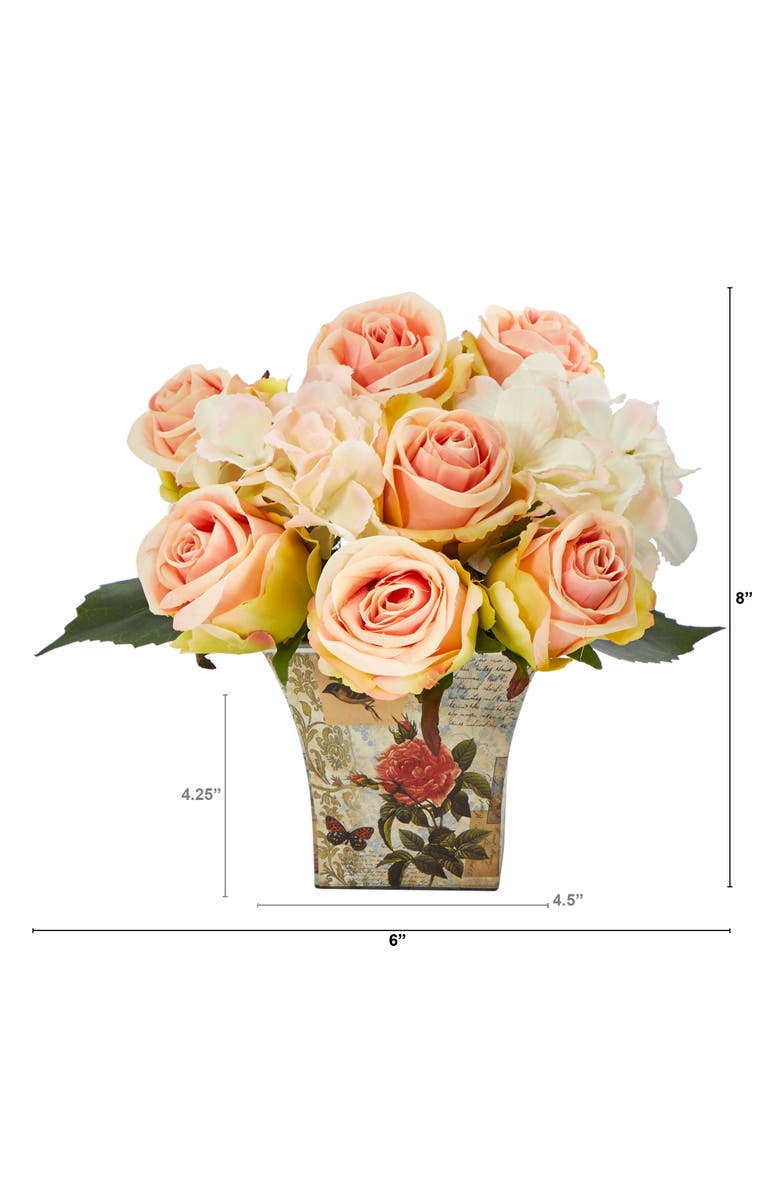 NEARLY NATURAL 8-in Rose and Hydrangea Bouquet Artificial Arrangement in Floral Vase, Alternate, color, Peach