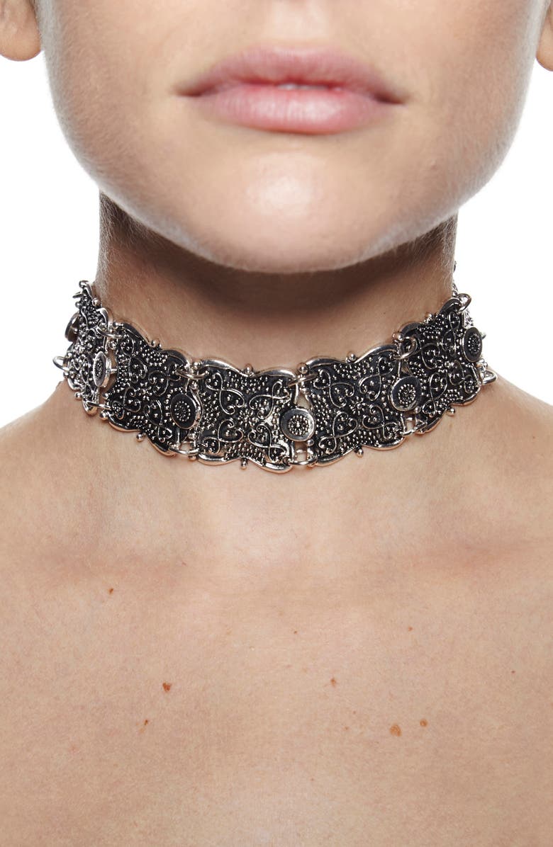 EYE CANDY LOS ANGELES Boho Filigree Link Choker Necklace, Alternate, color, Silver