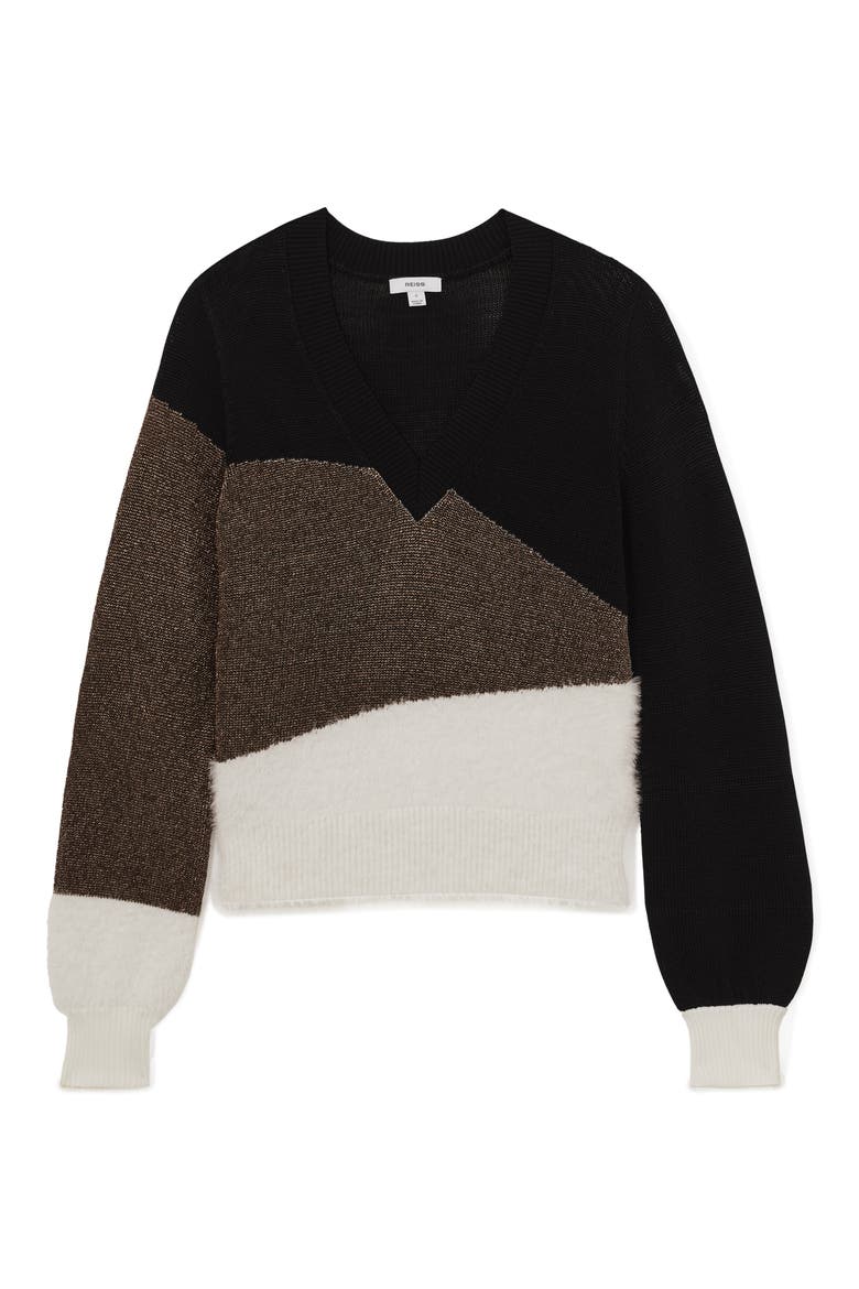 Harley Metallic Colorblock V Neck Sweater, Alternate, color, BLACK/ WHITE/ MET