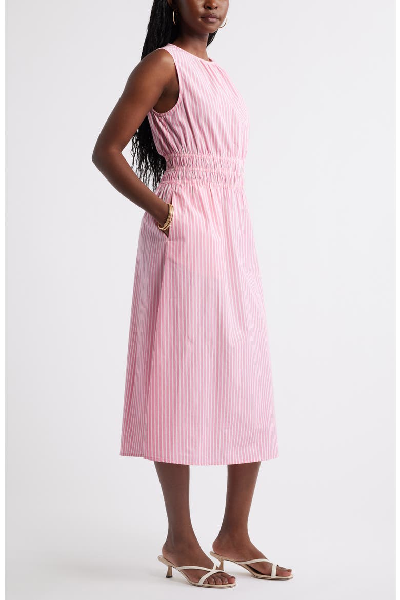 Sleeveless Smocked Waist Cotton Midi Dress, Alternate, color, PINK ZENNA IVORY PENNY STRIPE