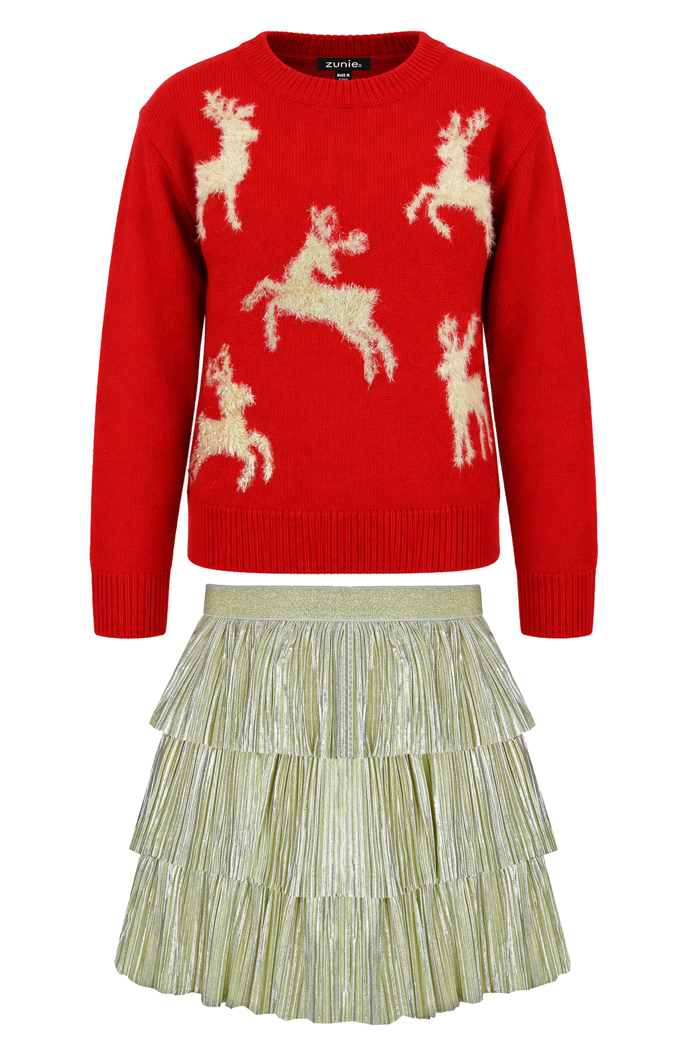 Kids' Reindeer Sweater and Metallic Skirt Set