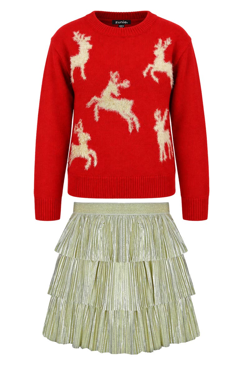 Kids' Reindeer Sweater & Tiered Skirt Set, Main, color, RED/ GOLD