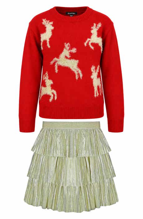 Kids' Reindeer Sweater and Metallic Skirt Set