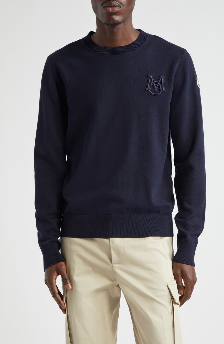 Moncler Monogram Cotton Crewneck Sweater, Main, color, Navy
