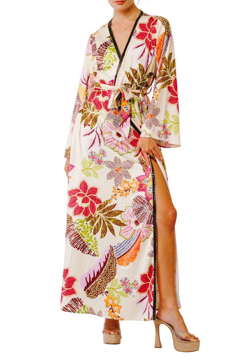 Floral Long Sleeve Maxi Wrap Dress, Main, color, CREAM MULTI