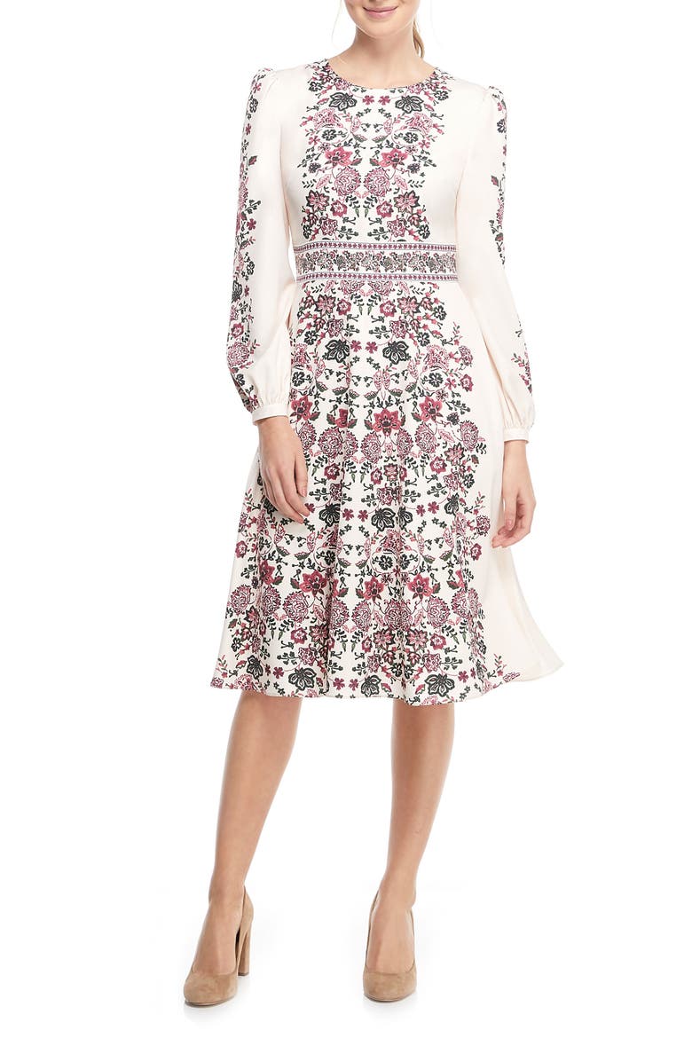 Chloe Floral Border Print A-Line Dress (Nordstrom Exclusive), Alternate, color, BEIGE/ BURGUNDY