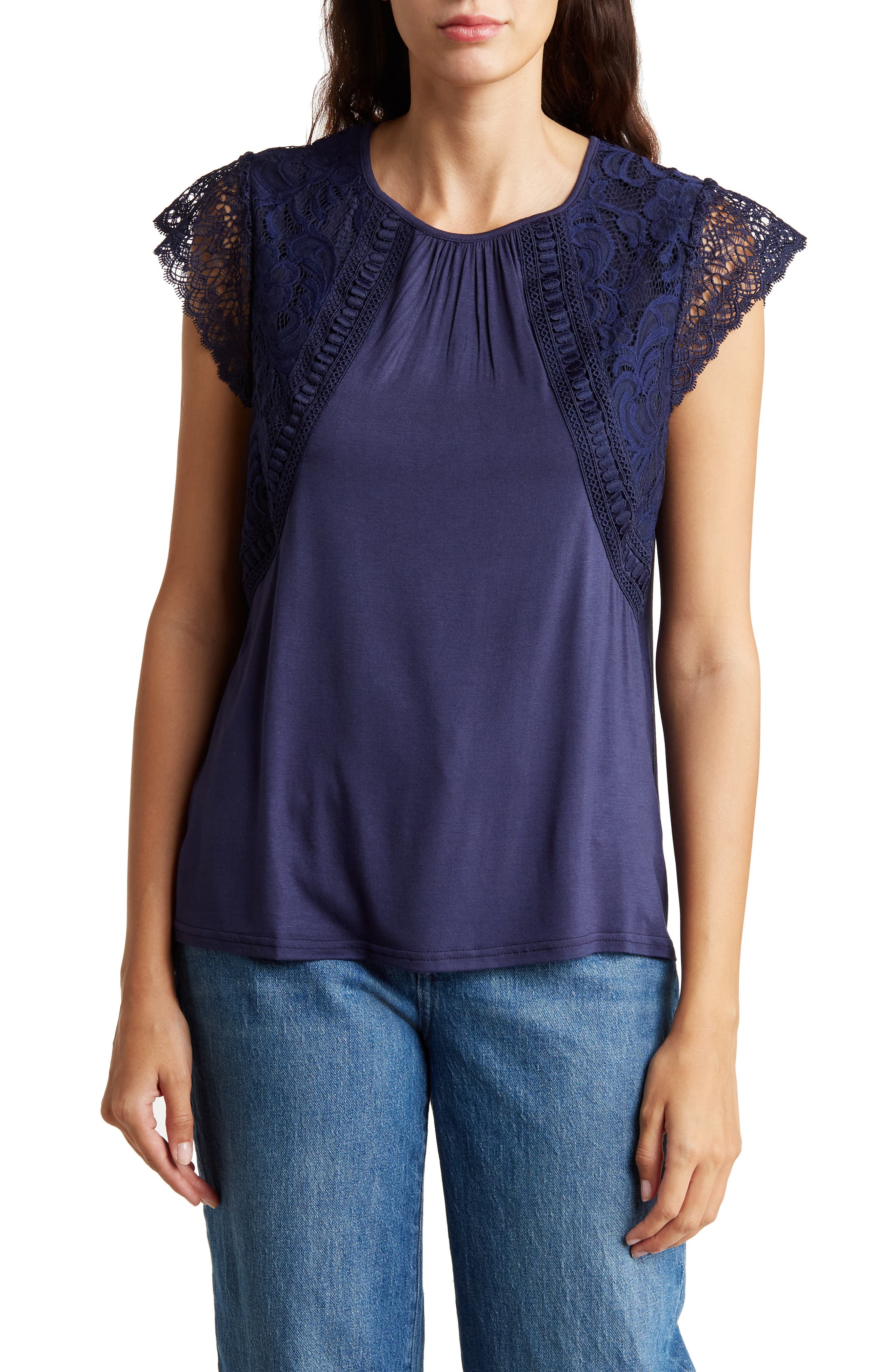 Lace Cap Sleeve Mixed Media Top - image 3