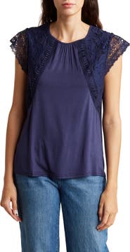 Forgotten Grace Lace Cap Sleeve Mixed Media Top