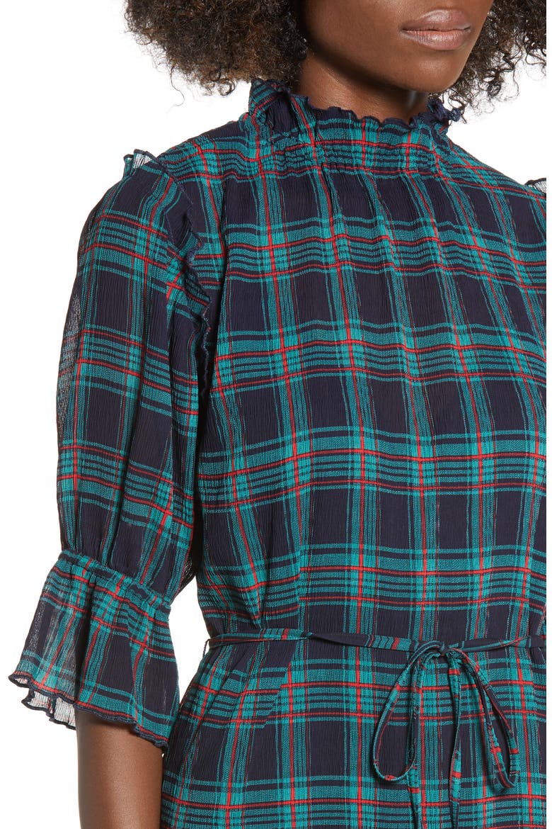 Zone Tartan Midi Dress, Alternate, color, NAVY W RED
