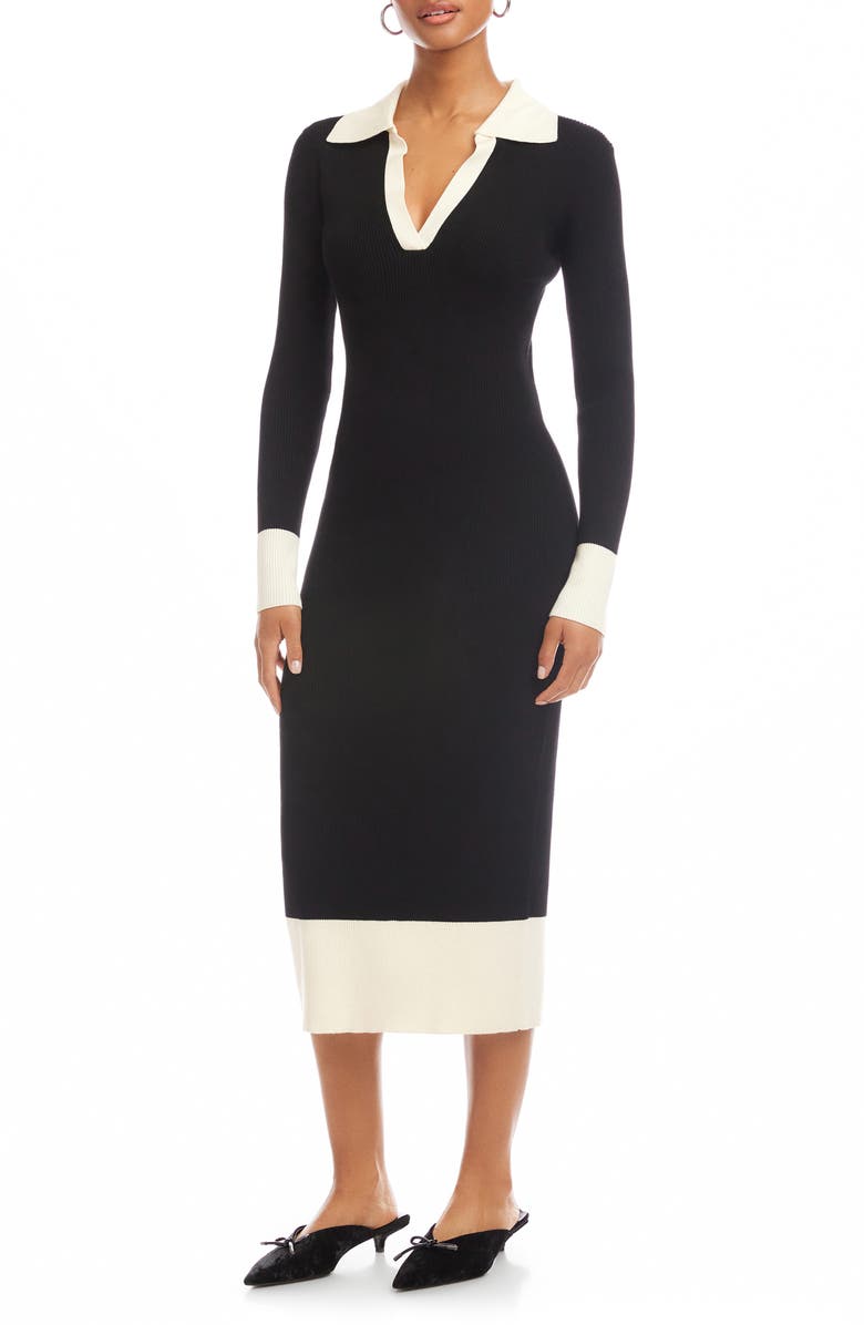 FIFTEEN TWENTY Belle Ribbed Polo Midi Dress, Alternate, color, Black/ Cream
