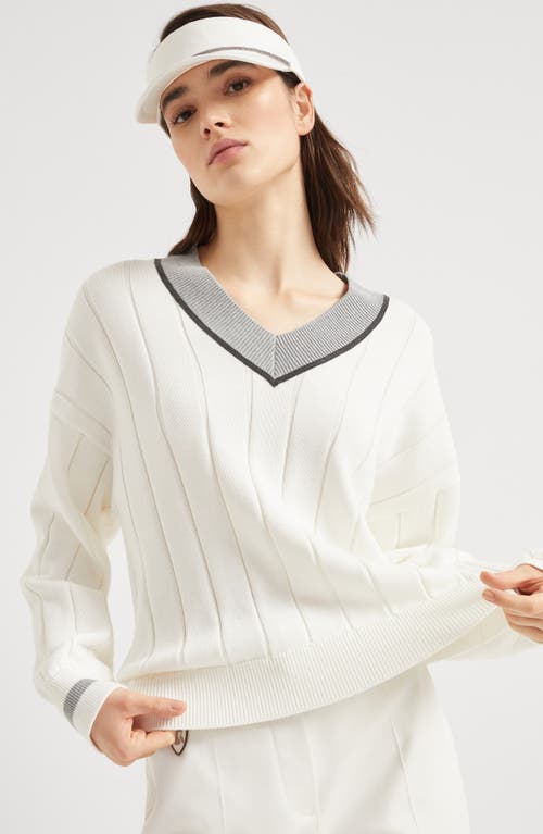 Brunello Cucinelli White T-shirt With V Neck And Monil Detail On The Collar In Panama