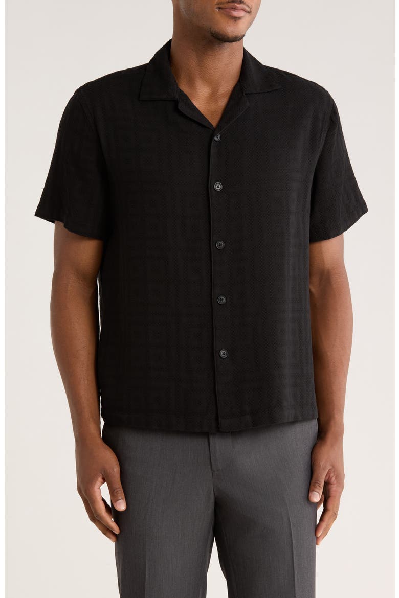 Relaxed Fit Textured Cotton Camp Shirt, Main, color, BLACK