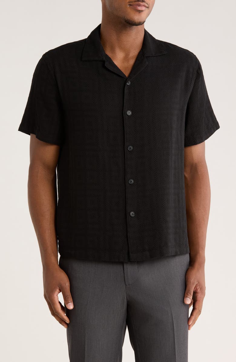 DENIM AND FLOWER Relaxed Fit Textured Cotton Camp Shirt, Main, color, Black