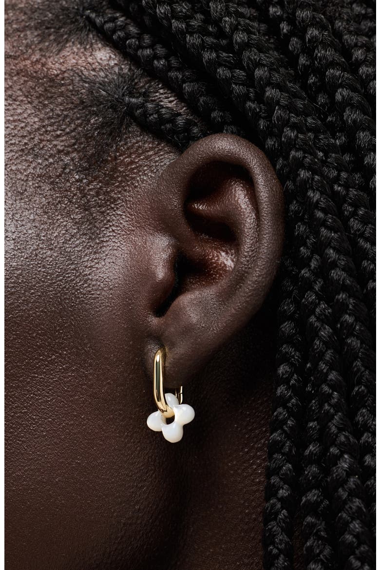 Cassia Puffy Flower Mother-of-Pearl Hoop Drop Earrings, Alternate, color, GOLD / WHITE