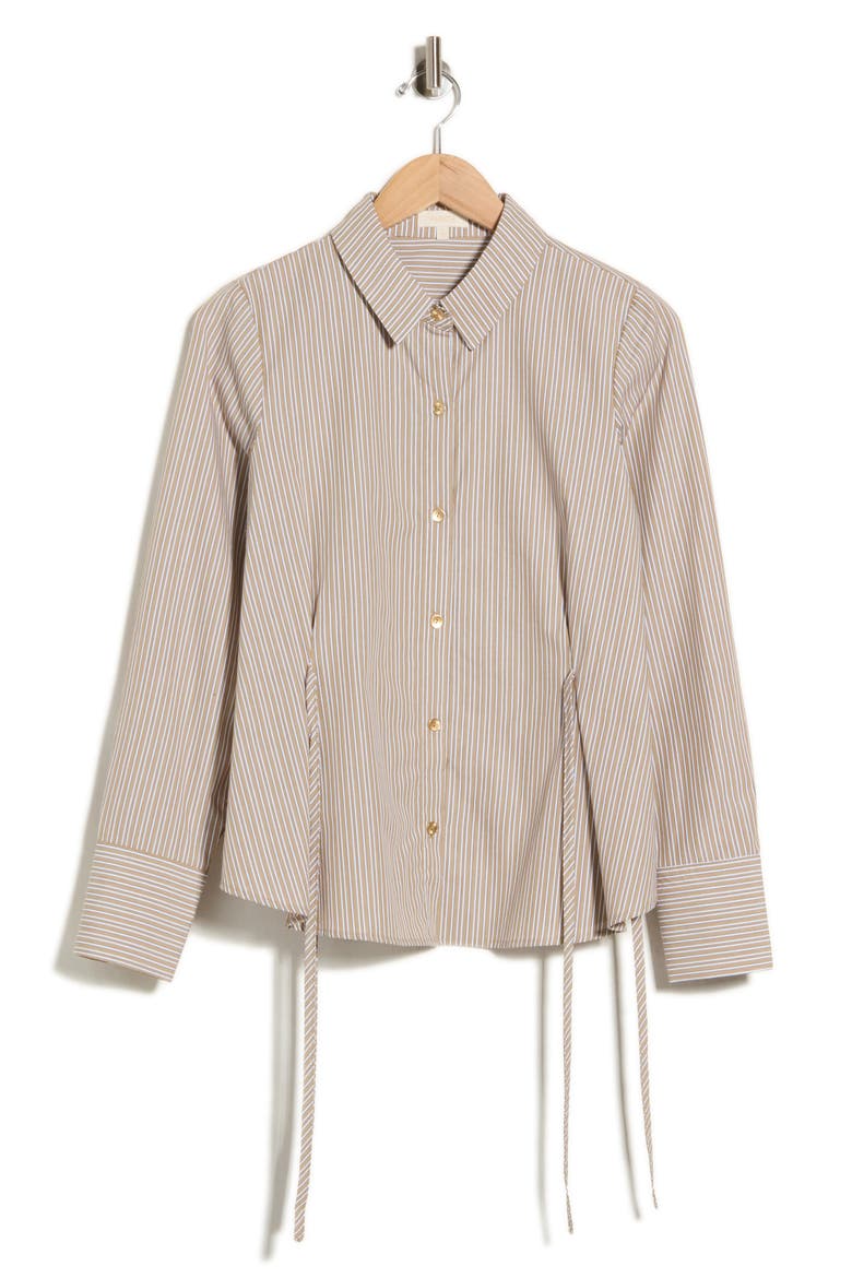 Striped Long Sleeve Button-Up Shirt with Side Ties, Main, color, HUMUS