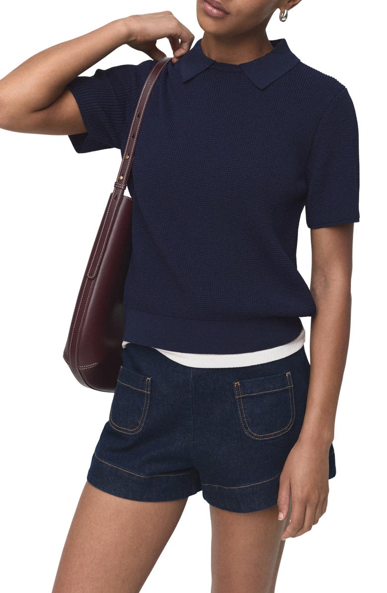 MANGO Spread Collar Short Sleeve Sweater, Main, color, Dark Navy